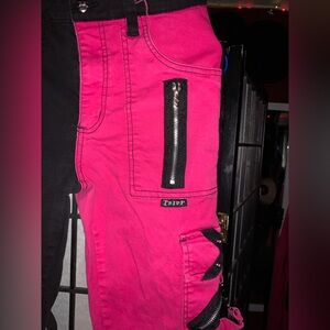 Trippnyc Vintage split legged bondage pants with straps. Pink and black